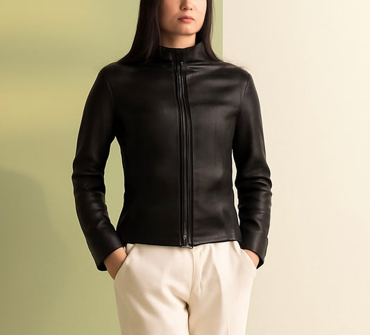 Women’s Black Stand-Collar Leather Jacket