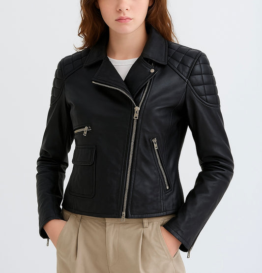 Women’s Black Quilted-Shoulder Biker Leather Jacket