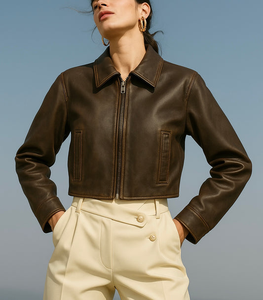 Women’s Dark Brown Cropped Leather Jacket