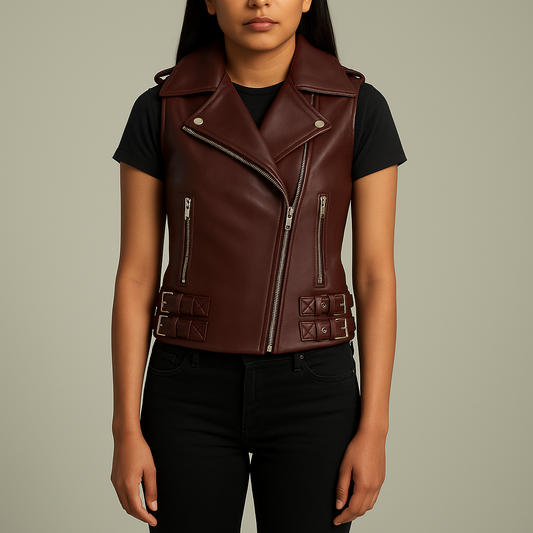 Women’s Burgundy Moto Leather Vest