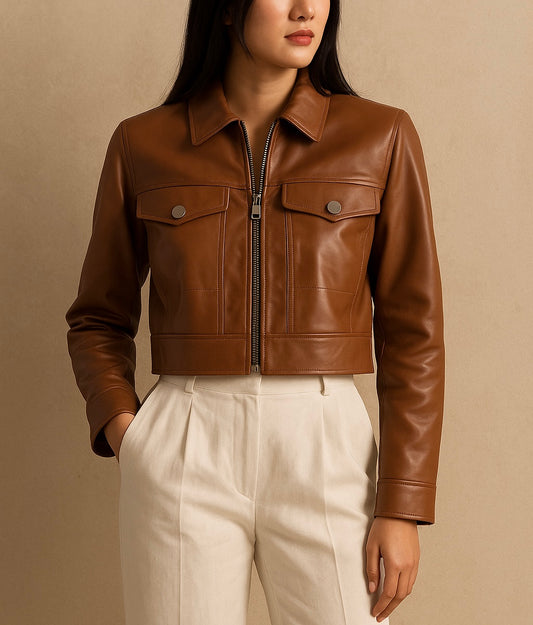 Women’s Caramel Brown Cropped Leather Jacket