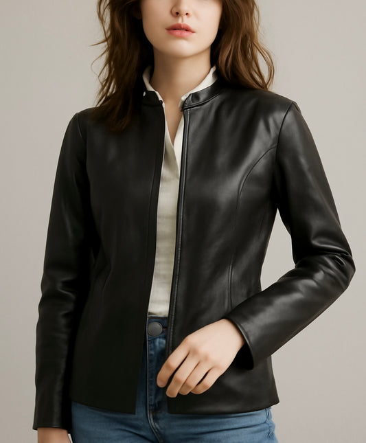 Women’s Black Collarless Leather Jacket