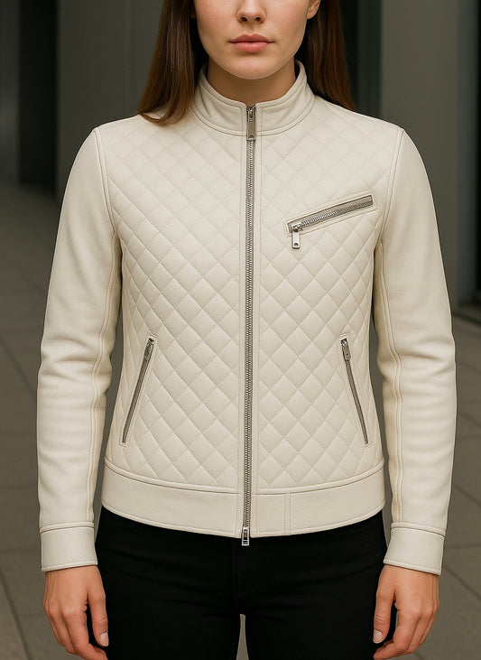 Women’s Ivory Quilted Leather Jacket
