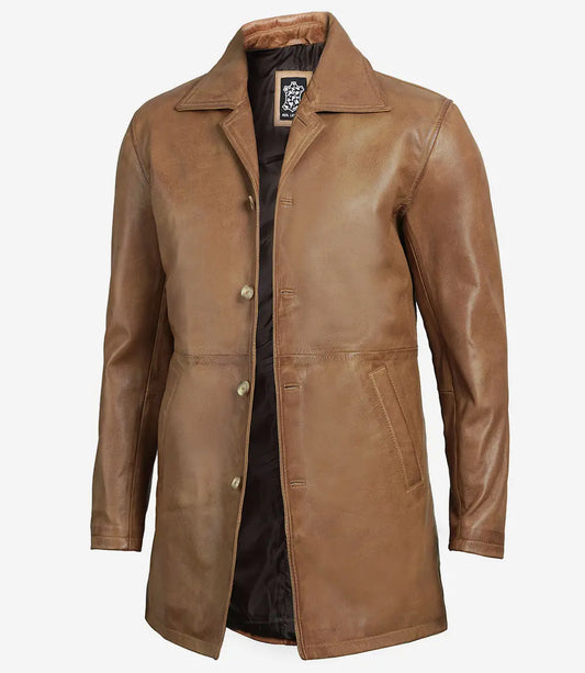 Men Real Leather Camel Brown 3 4 Length Car Coat
